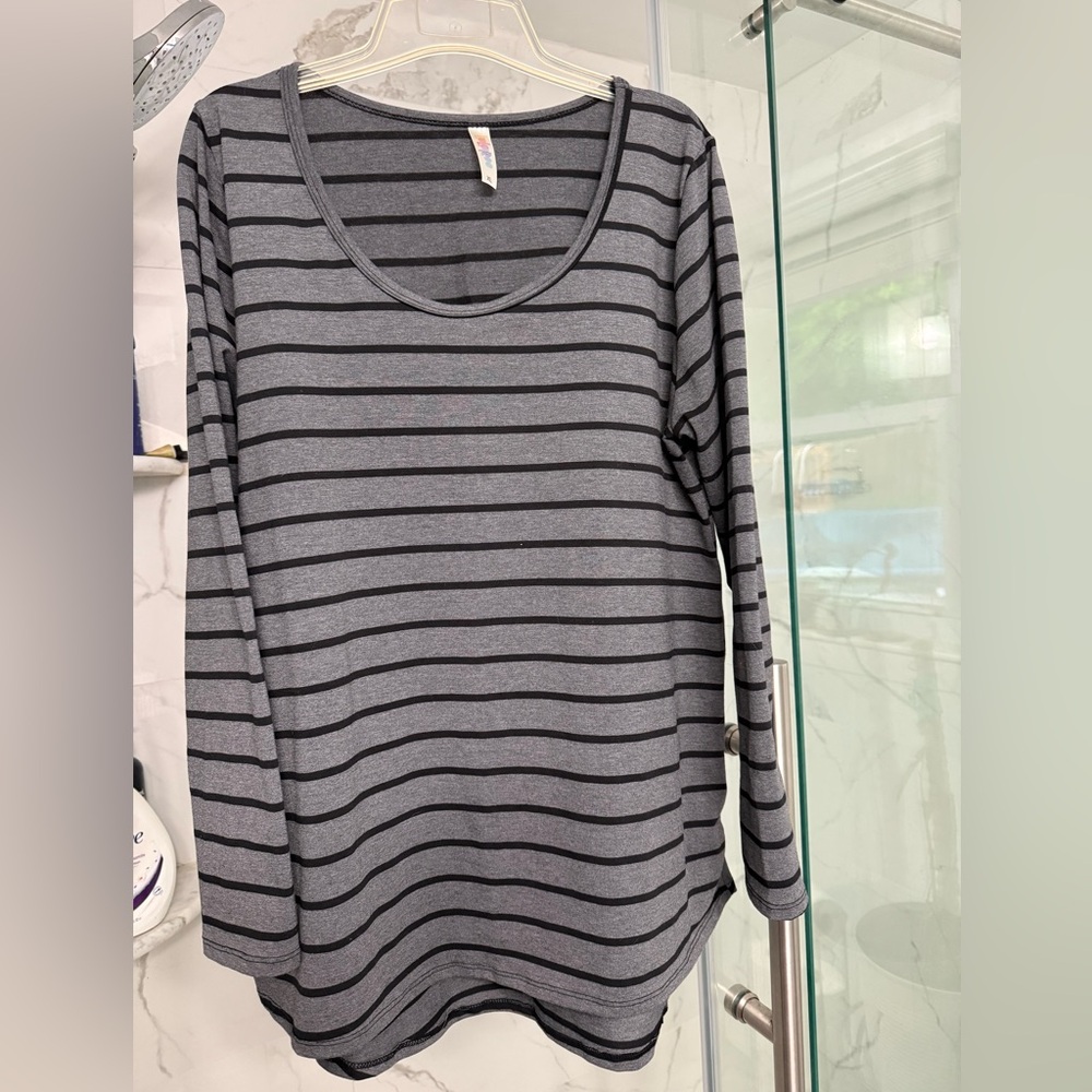 LuLaRoe Gray and Black Striped Long Sleeve Tee